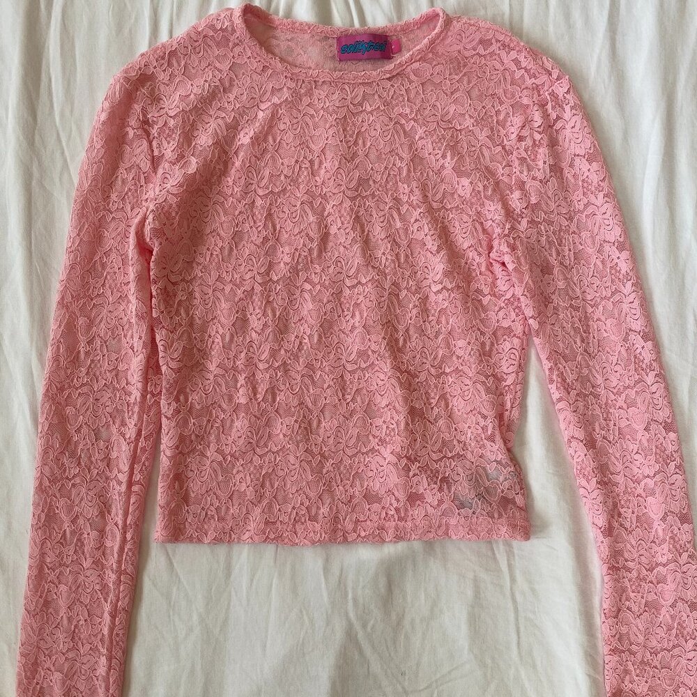 Edikted Estella Sheer Lace Crop Top  (Womens Pink Lace Long Sleeve) Size S